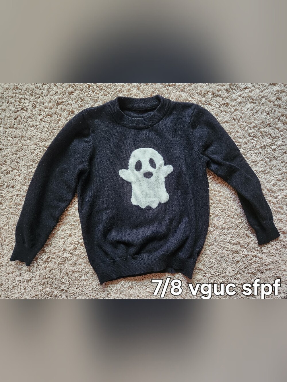 Black Crewneck Sweater with White Ghost Motif